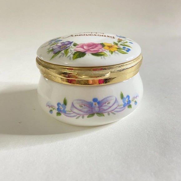 Vintage HAPPY ANNIVERSARY Eximious England Trinket Box Floral Flowers Butterfly2 - Picture 3 of 6